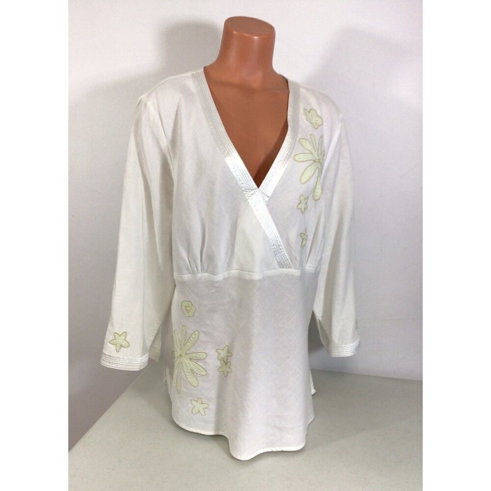 Anne Carson Linen Embroidered Blouse Top Womens 2X